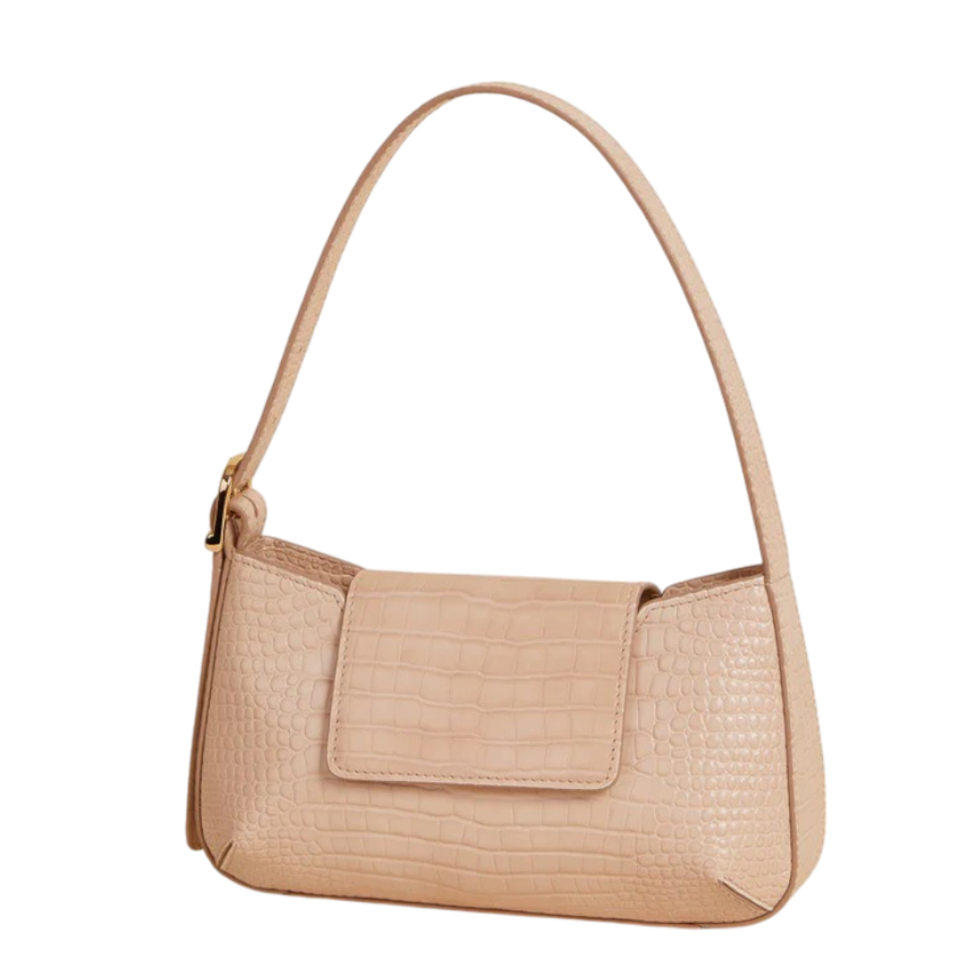 Megoha Elegant Beige Croc-Embossed Baguette Bag